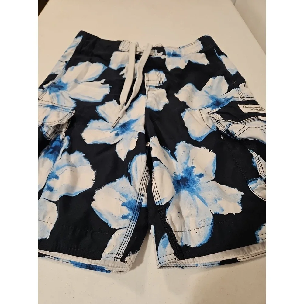 Abercombie & Fitch‎ Navy/White Swim Trunks Mens Medium Lined Cargo Floral (1512